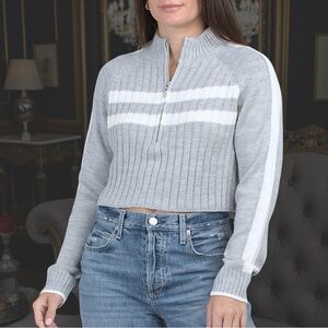 Cotton Emporium Women’s Gray White Striped Quarter Zip Up Crop Sweater Sz L